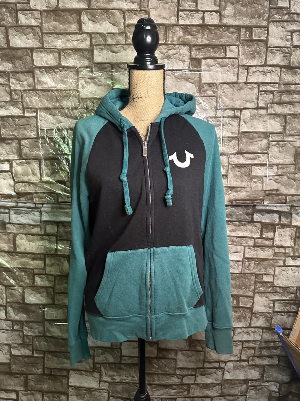 True Religion Teal and Black Zip-Up Hoodie